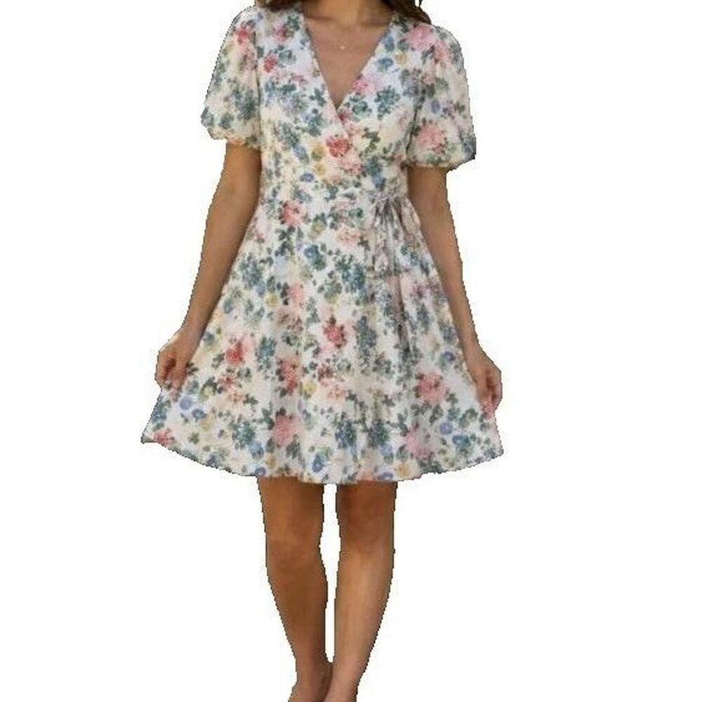 Floral Linen Blend Wrap Dress Puff Sleeve Cottagecore Women's size L
